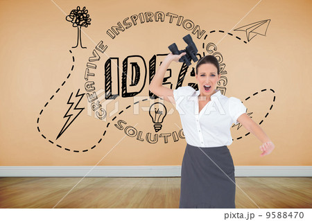 Composite image of angry businesswoman throwing binoculars away 9588470