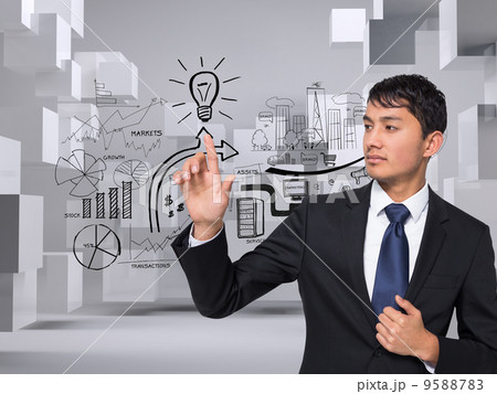 Composite image of unsmiling businessman touching 9588783