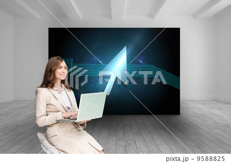 Composite image of smiling businesswoman sitting and using lapto Composite image of smiling businesswoman sitting and using lapto 9588825