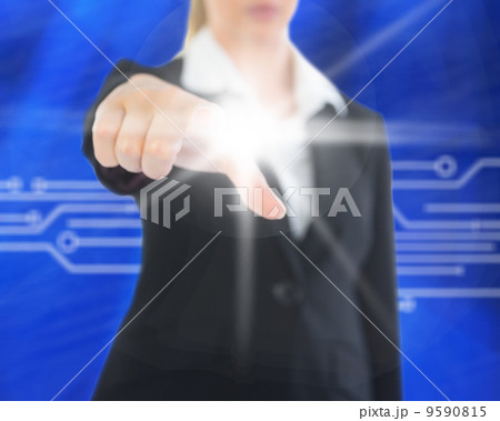 Composite image of businesswoman pointing on screen 9590815