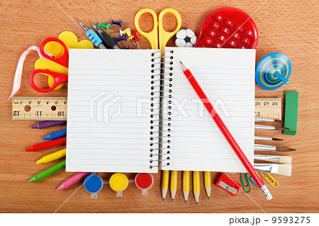 office and student accessories on wooden background. Back to sch 9593275