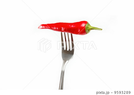 Red hot chili pepper pricked on the steel fork isolated 9593289