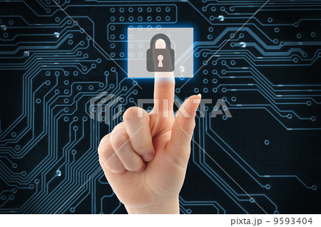 Hand pushing virtual security button . 9593404
