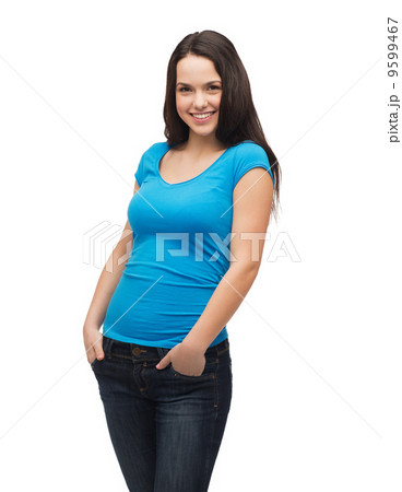 smiling girl in blank blue t-shirt 9599467