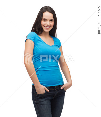 smiling girl in blank blue t-shirt 9599751