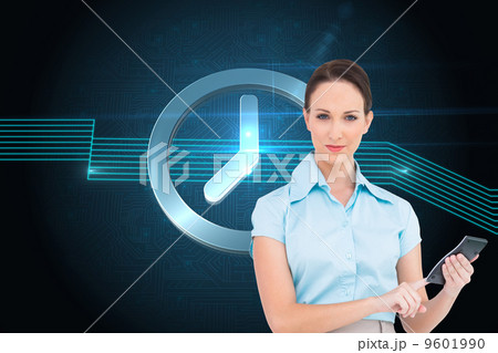 Composite image of serious classy businesswoman using calculator Composite image of serious classy businesswoman using calculator 9601990