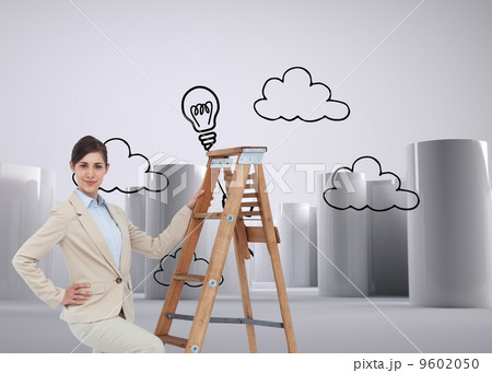 Composite image of smiling businesswoman climbing the career lad 9602050