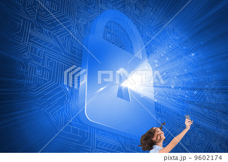 Composite image of happy classy businesswoman jumping while hold 9602174