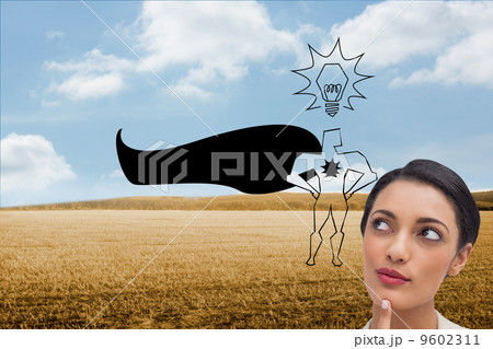 Composite image of smiling businesswoman thinking 9602311