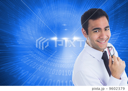 Composite image of smiling businessman holding glasses 9602379