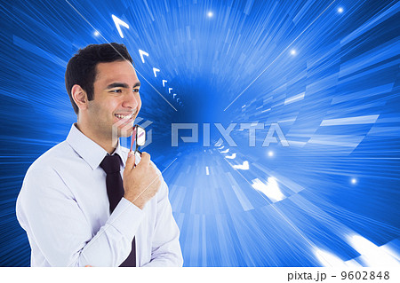 Composite image of smiling businessman holding glasses 9602848