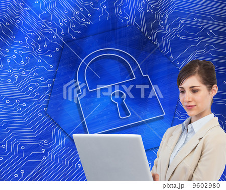 Composite image of confident businesswoman holding laptop 9602980