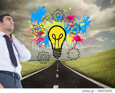 Composite image of unsmiling businessman standing 9603000