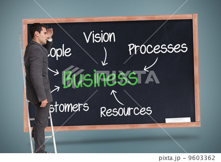 Composite image of businessman standing on ladder 9603362