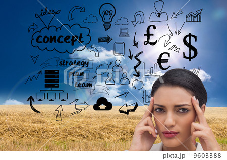 Composite image of young businesswoman putting her fingers on he Composite image of young businesswoman putting her fingers on he 9603388