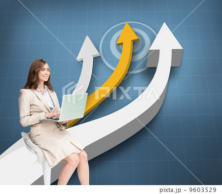 Composite image of smiling businesswoman sitting and using lapto Composite image of smiling businesswoman sitting and using lapto 9603529