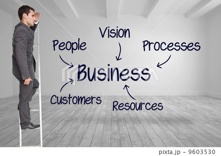 Composite image of stern businessman standing on ladder 9603530