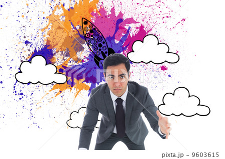 Composite image of unsmiling businessman catching 9603615