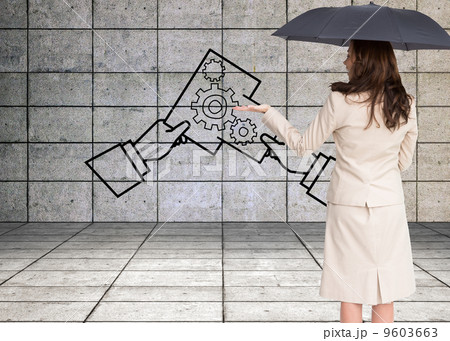 Composite image of elegant businesswoman holding black umbrella 9603663