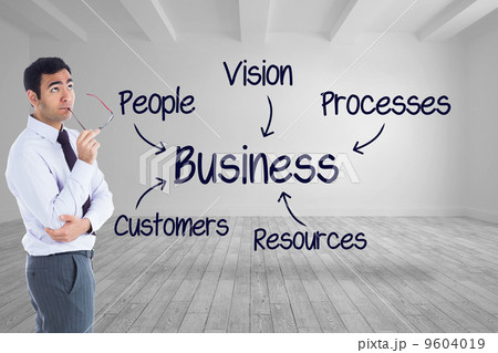 Composite image of thinking businessman holding glasses Composite image of thinking businessman holding glasses 9604019