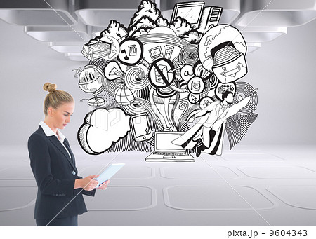 Composite image of businesswoman holding new tablet Composite image of businesswoman holding new tablet 9604343