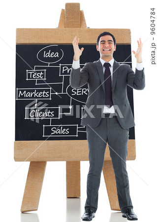 Composite image of stressed businessman with arms raised 9604784