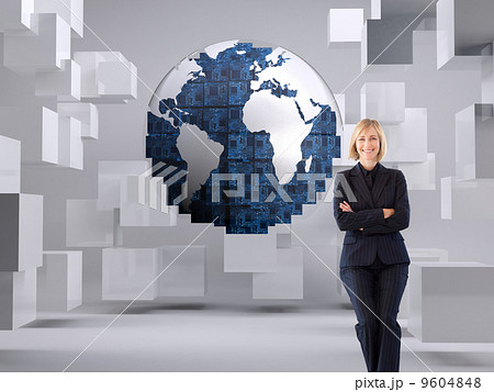 Composite image of friendly businesswoman smiling at the camera 9604848