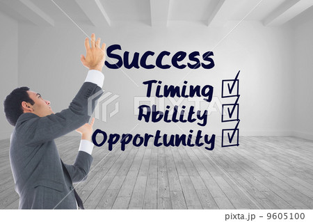 Composite image of unsmiling businessman with arms raised Composite image of unsmiling businessman with arms raised 9605100