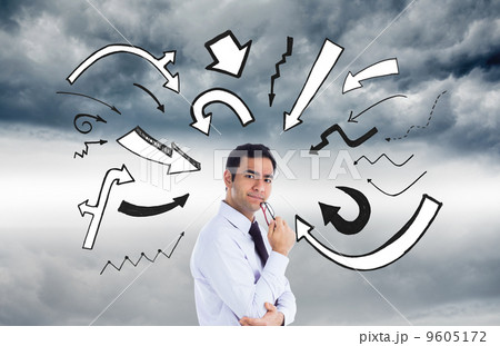 Composite image of thinking businessman holding glasses 9605172