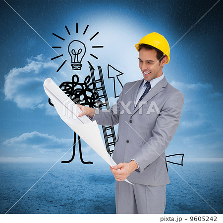 Composite image of smiling architect with hard hat looking at pl Composite image of smiling architect with hard hat looking at pl 9605242