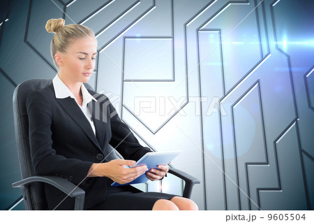 Composite image of businesswoman sitting on swivel chair with ta 9605504