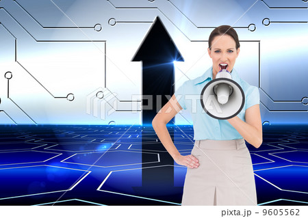 Composite image of furious classy businesswoman talking in megap Composite image of furious classy businesswoman talking in megap 9605562