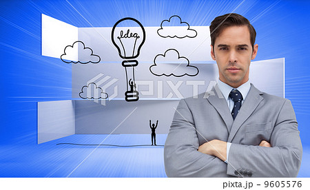 Composite image of young businessman looking at camera 9605576