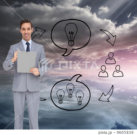 Composite image of happy businessman holding a clipboard Composite image of happy businessman holding a clipboard 9605839