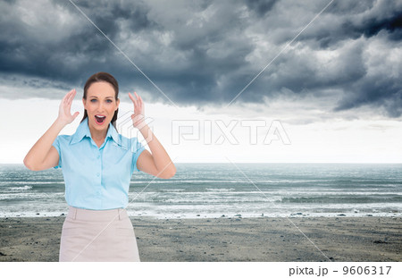 Composite image of surprised stylish businesswoman posing Composite image of surprised stylish businesswoman posing 9606317