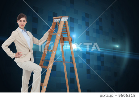 Composite image of smiling businesswoman climbing the career lad Composite image of smiling businesswoman climbing the career lad 9606318
