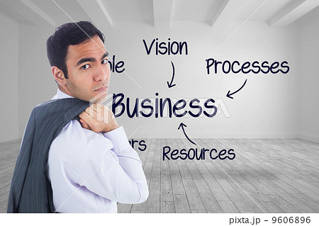 Composite image of unsmiling businessman standing 9606896