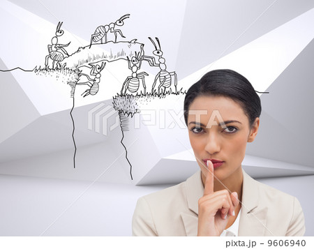 Composite image of young businesswoman asking for silence 9606940
