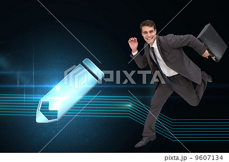 Composite image of cheerful businessman in a hury 9607134