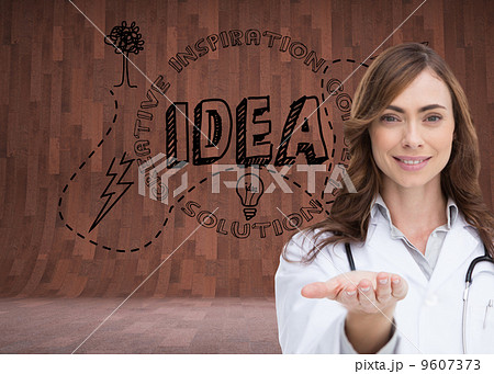 Composite image of smiling doctor presenting her hand Composite image of smiling doctor presenting her hand 9607373