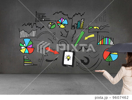 Composite image of elegant businesswoman holding black umbrella 9607462