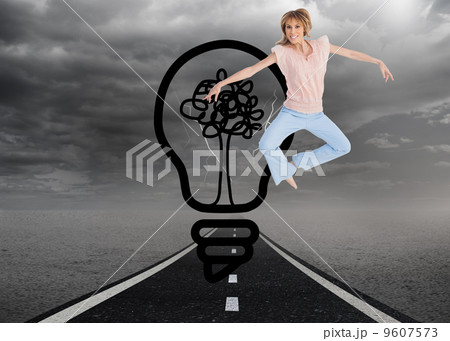 Composite image of woman jumping and opening arms Composite image of woman jumping and opening arms 9607573