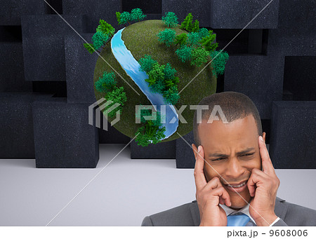 Composite image of stressed businessman putting his fingers on h 9608006