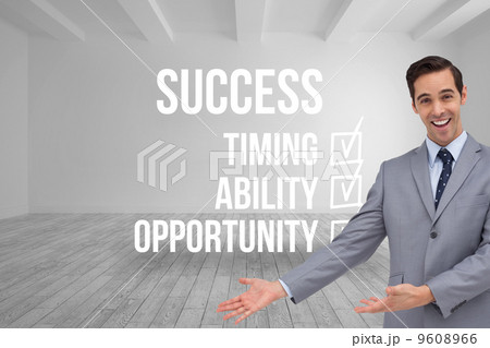 Composite image of happy businessman giving a presentation with Composite image of happy businessman giving a presentation with 9608966