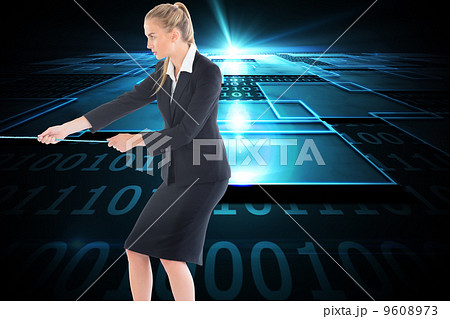 Composite image of businesswoman pulling a rope 9608973