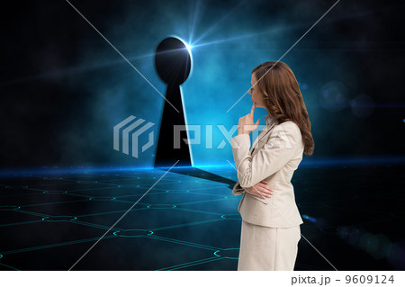 Composite image of profile view of doubtful businesswoman standi Composite image of profile view of doubtful businesswoman standi 9609124