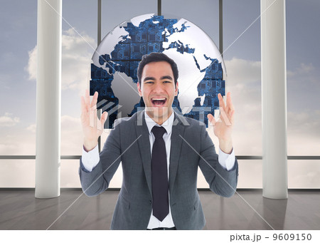 Composite image of excited businessman with arms raised 9609150