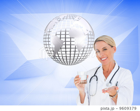 Composite image of happy doctor holding out pills and water glas Composite image of happy doctor holding out pills and water glas 9609379