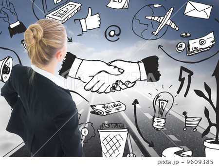 Composite image of businesswoman standing with hands on hips 9609385