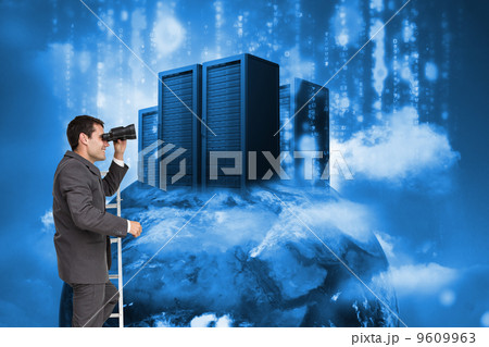Composite image of businessman standing on ladder 9609963
